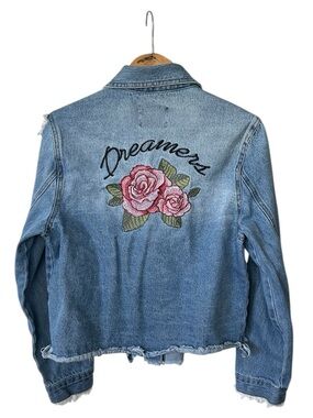 Love Tree | Women’s Medium Blue Denim Raw Hems Embroidered Back Jean Jacket Sz L